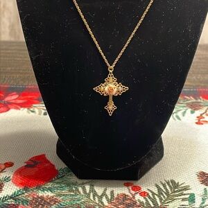 1928 JEWELRY PORCELAIN ROSE CROSS FILIGREE PENDANT NECKLACE 18"